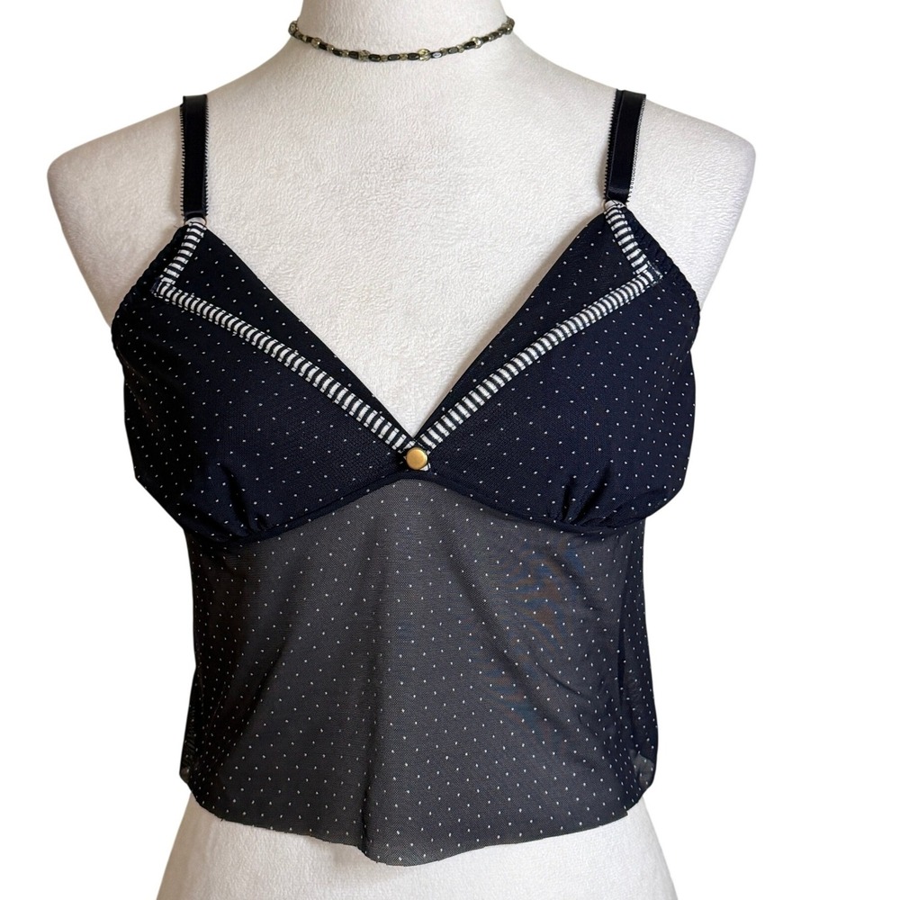 Y2K Sheer Navy Polka Dot Mesh Crop Cami Top Womens M Nautical Coquette Preppy